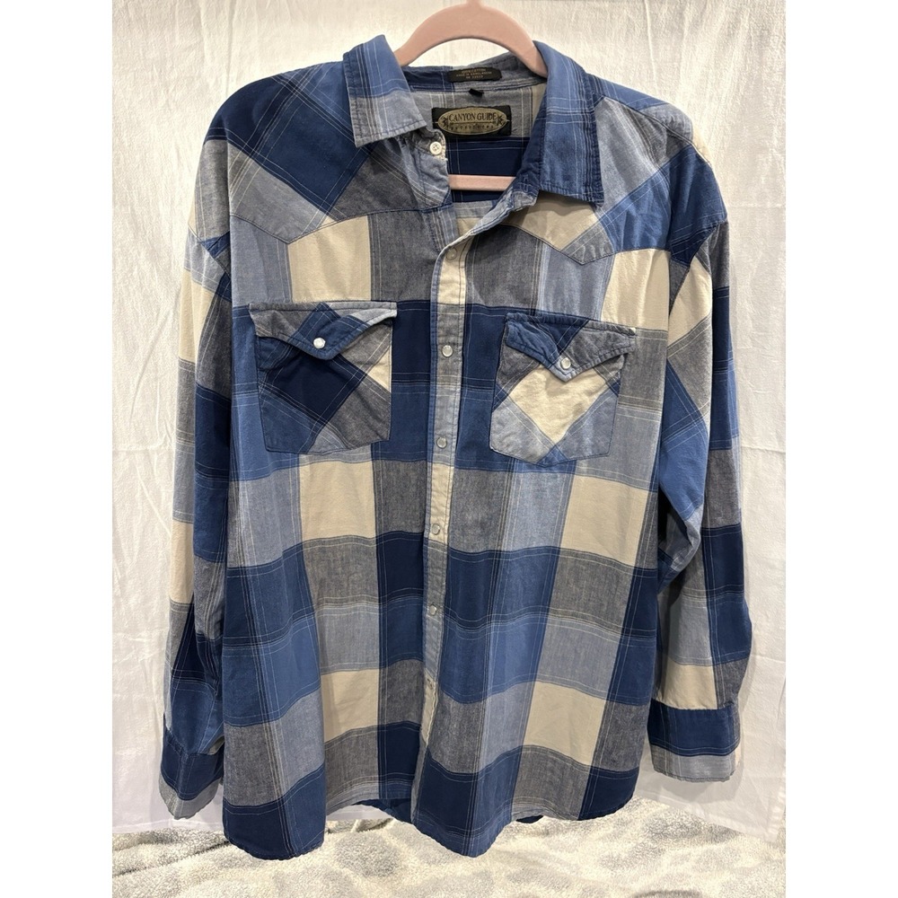 Canyon Guide Outfitters Blue Plaid Pearl Snap Western Shirt Mens XL 100% Cotton